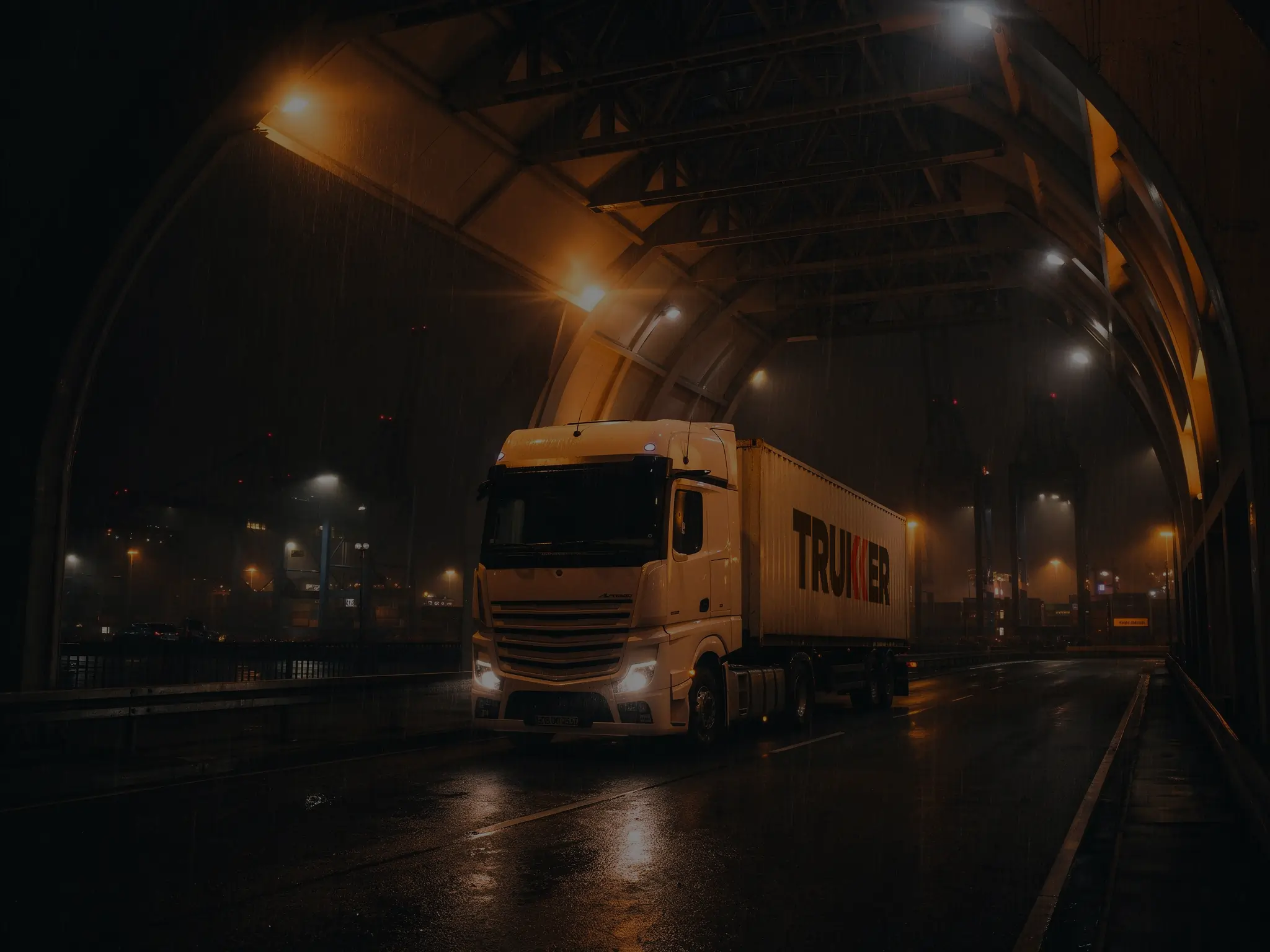 Futuristic smart logistics port representing TruKKer digital freight technology