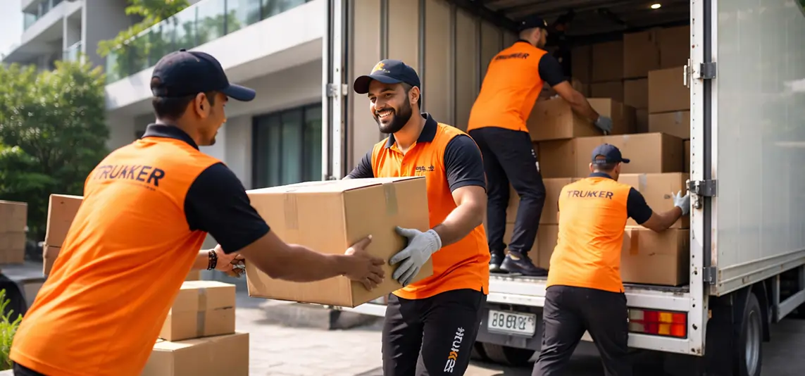 Trukker logistics team carefully moving household furniture during a professional home relocation service