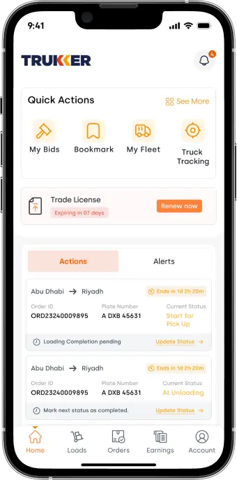 TruKKer Partner mobile app interface showing features