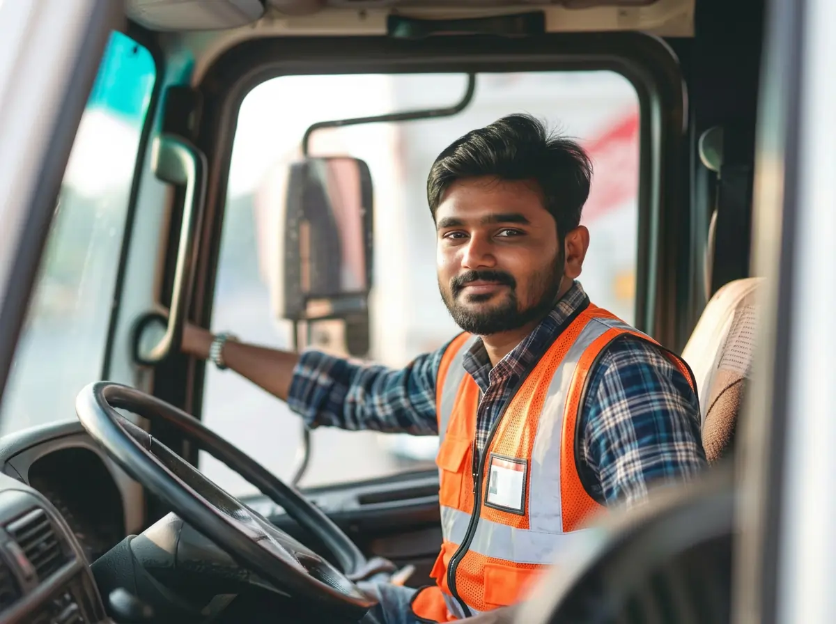 Truck driver performing safety inspection